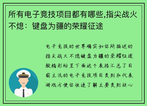 所有电子竞技项目都有哪些,指尖战火不熄：键盘为疆的荣耀征途
